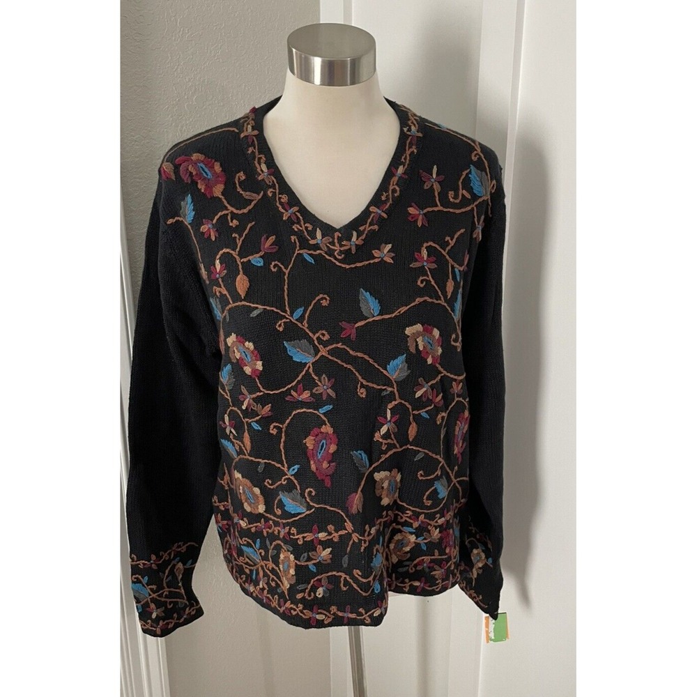 Vintage All Points by Reference Point Black Floral Embroidered Sweater NWT‎
